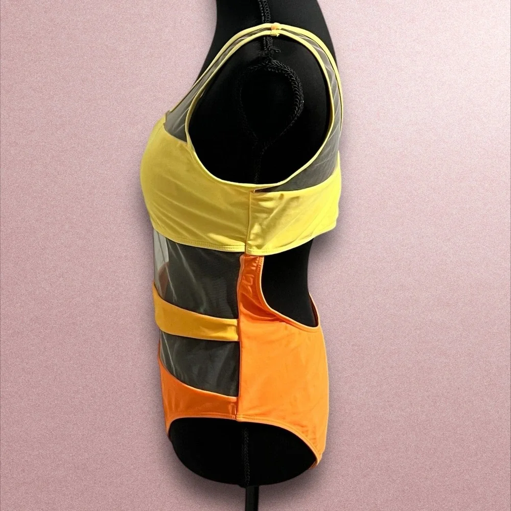 Colorblock One Shoulder Mesh‎ Cutout One Piece Swimsuit Yellow Orange High Leg L